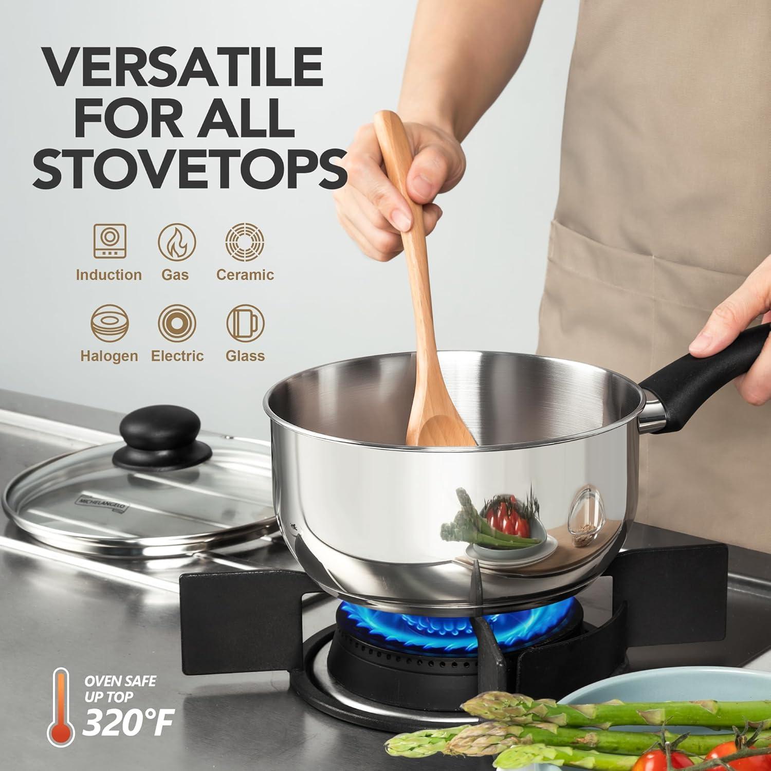 image:imageMICHELANGELO Stainless Steel Saucepan with Lid Triply Base Stainless Steel Pot Set with Bakelite Handle 1QT amp 2QT amp 3QT Saucepan Set 6 Pcs Sauce Pans