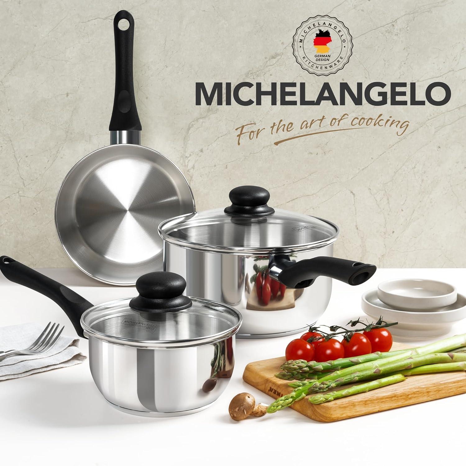 image:imageMICHELANGELO Stainless Steel Saucepan with Lid Triply Base Stainless Steel Pot Set with Bakelite Handle 1QT amp 2QT amp 3QT Saucepan Set 6 Pcs Sauce Pans
