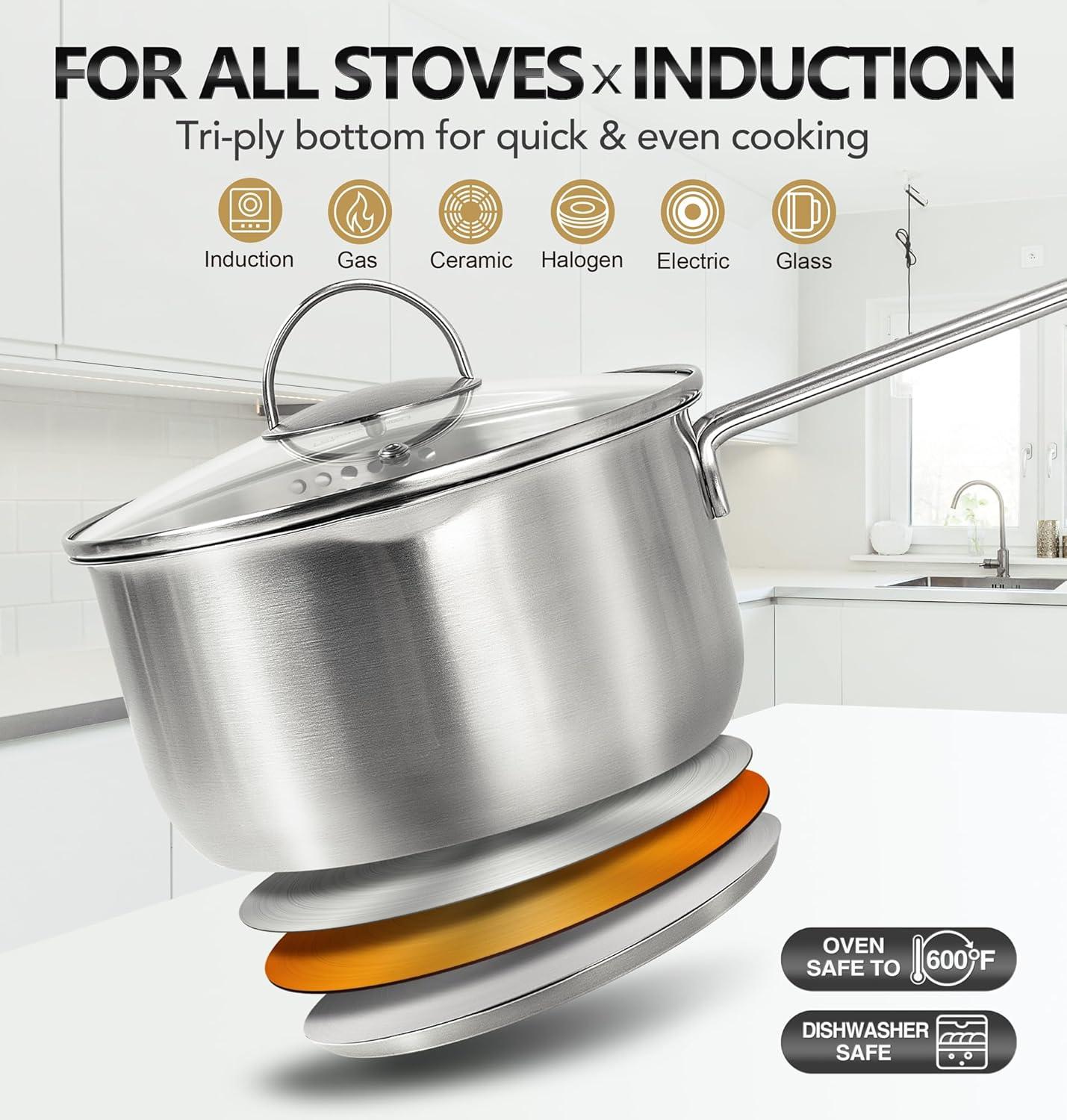 image:imageMICHELANGELO Stainless Steel Saucepan with Lid amp Pour Spout 1QT amp 2QT amp 3QT TriPly Bottom Sauce Pan Set Sauce Pot Set 6 PcsSilver