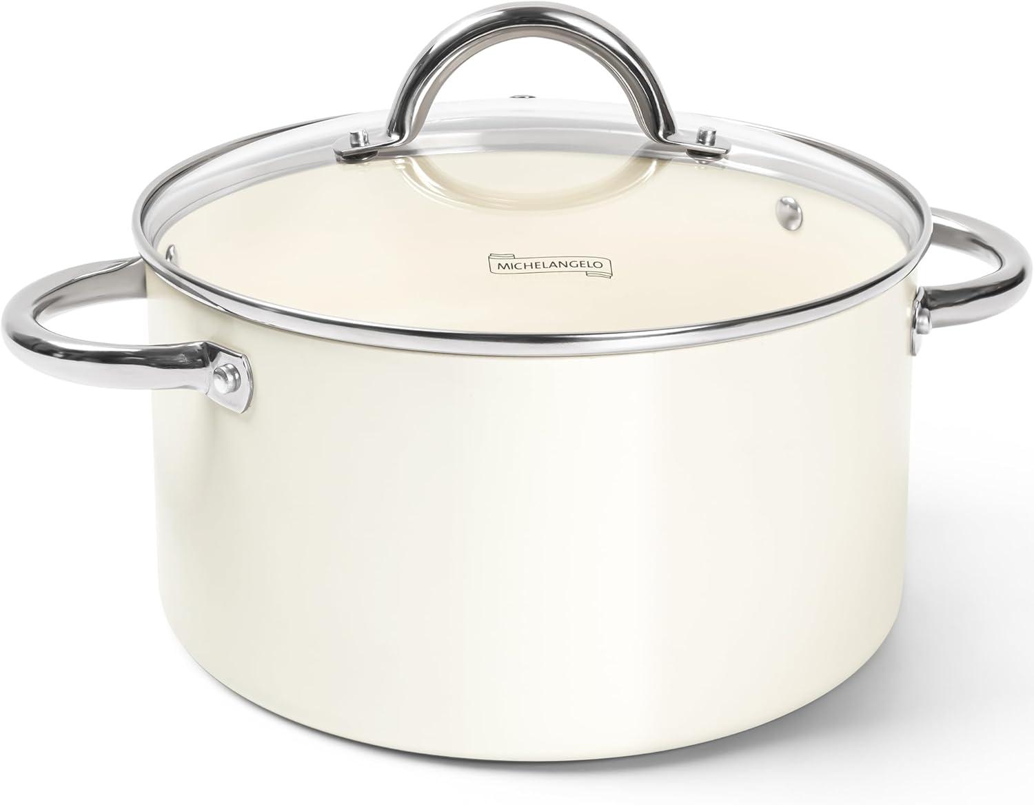 image:imageMICHELANGELO Stock Pot with Lid Nonstick Cooking Pot 6 Quart Soup Pot with Lid Non Stick Pots with Stainless Steel Handle Induction Compatible BlackCream