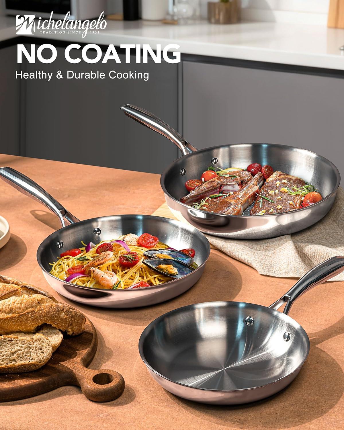 image:imageMICHELANGELO TriPly Stainless Steel Frying Pan Set 8 95 11 Skillets Full Clad Stainless Steel Pans for Even Heating Durable Cooking Pan Set for Home Chefs amp Everyday Cooking