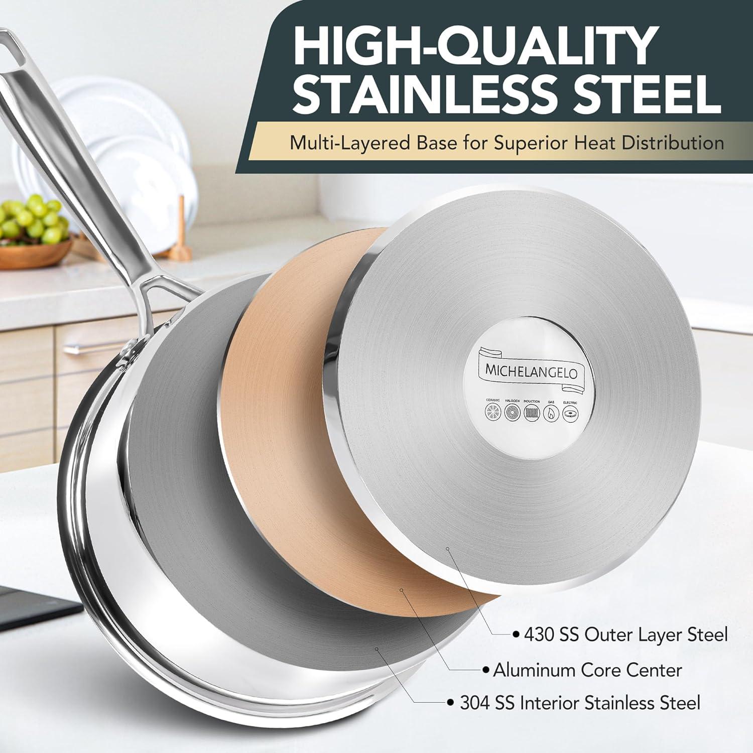 image:imageMICHELANGELO TriPly Stainless Steel Saucepan with Lid 6 Pcs Stainless Steel Sauce Pans with Cool Handle 6 Pcs Multipurpose Sauce Pots Set for Kitchen Cooking Induction Compatible 1QT amp 2QT amp3QTSilver