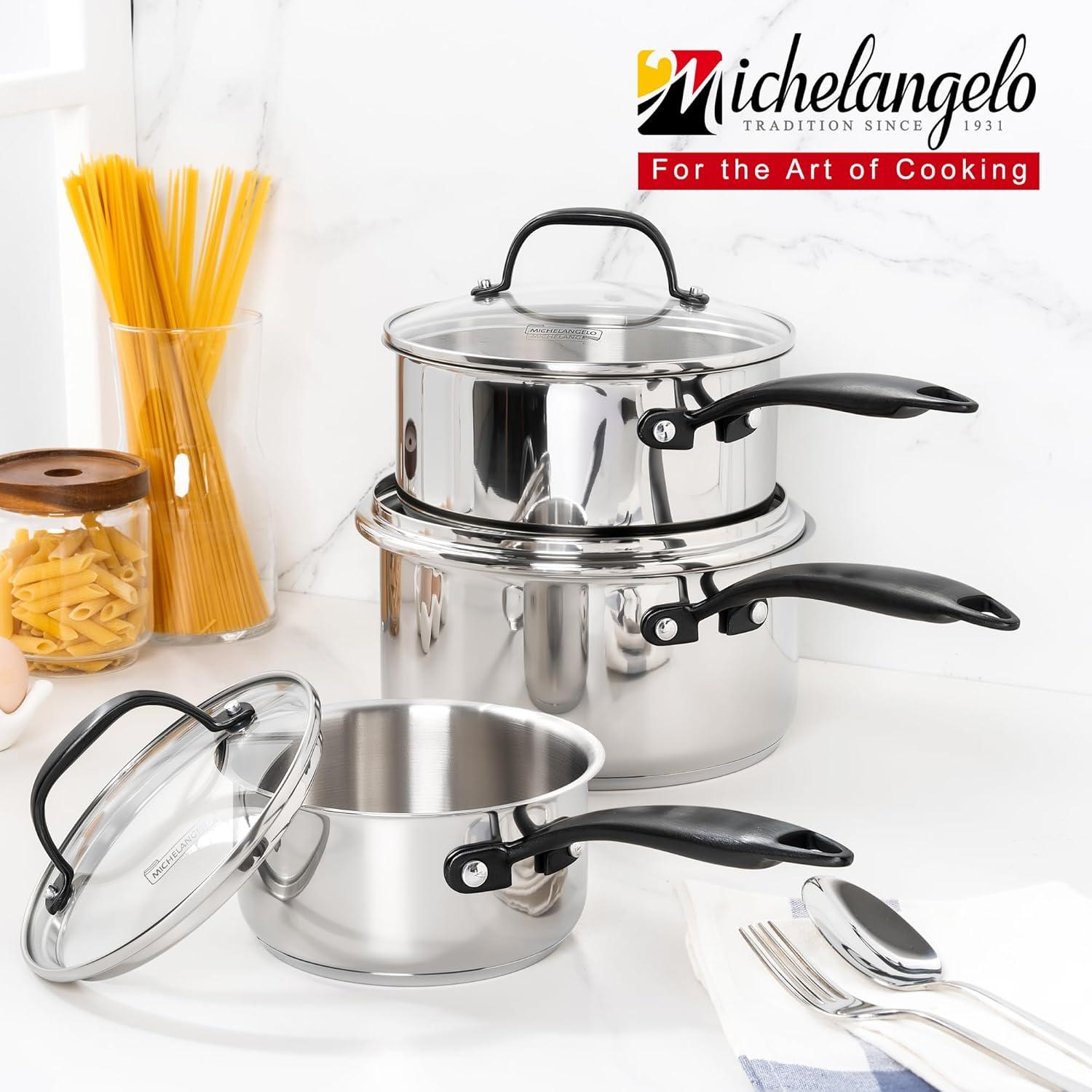 image:imageMICHELANGELO TriPly Stainless Steel Saucepan with Lid 6 Pcs Stainless Steel Sauce Pans with Cool Handle 6 Pcs Multipurpose Sauce Pots Set for Kitchen Cooking Induction Compatible 1QT amp 2QT amp3QTBlack