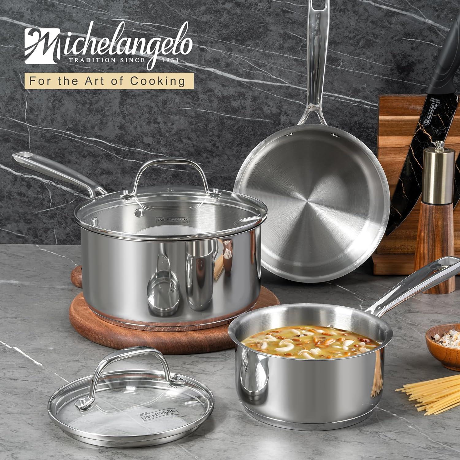 image:imageMICHELANGELO TriPly Stainless Steel Saucepan with Lid 6 Pcs Stainless Steel Sauce Pans with Cool Handle 6 Pcs Multipurpose Sauce Pots Set for Kitchen Cooking Induction Compatible 1QT amp 2QT amp3QTSilver