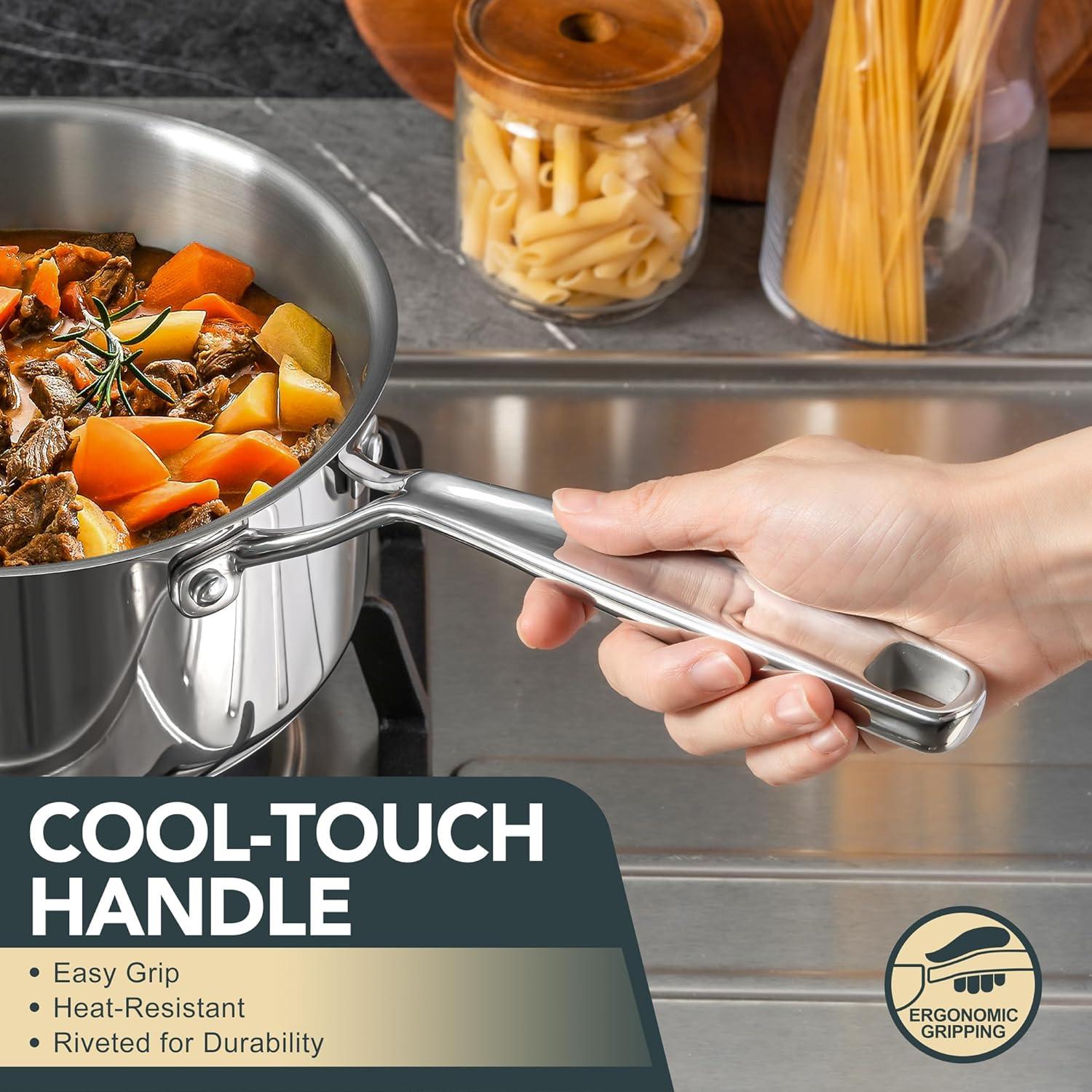 image:imageMICHELANGELO TriPly Stainless Steel Saucepan with Lid 6 Pcs Stainless Steel Sauce Pans with Cool Handle 6 Pcs Multipurpose Sauce Pots Set for Kitchen Cooking Induction Compatible 1QT amp 2QT amp3QTSilver