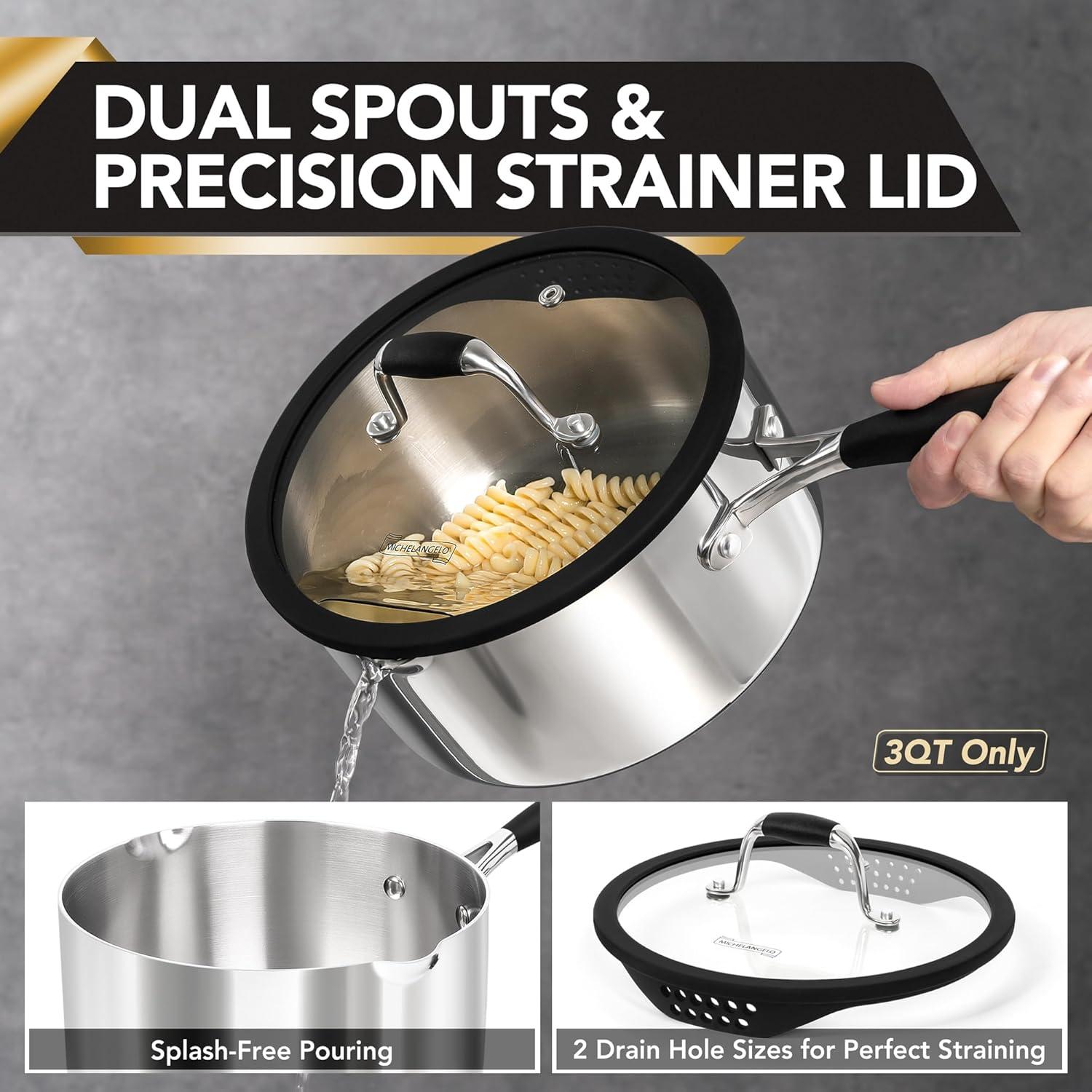 image:imageMICHELANGELO Triply Stainless Steel Saucepan Set with Strainer Lid Heavyduty Sauce Pan with Lid Multipurpose Sauce Pot Induction Compatible 1QT amp 2QT amp 3QT