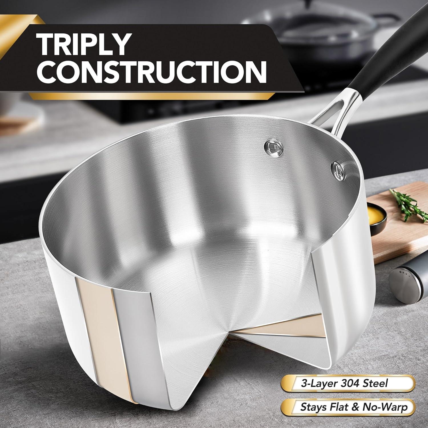 image:imageMICHELANGELO Triply Stainless Steel Saucepan Set with Strainer Lid Heavyduty Sauce Pan with Lid Multipurpose Sauce Pot Induction Compatible 1QT amp 2QT amp 3QT
