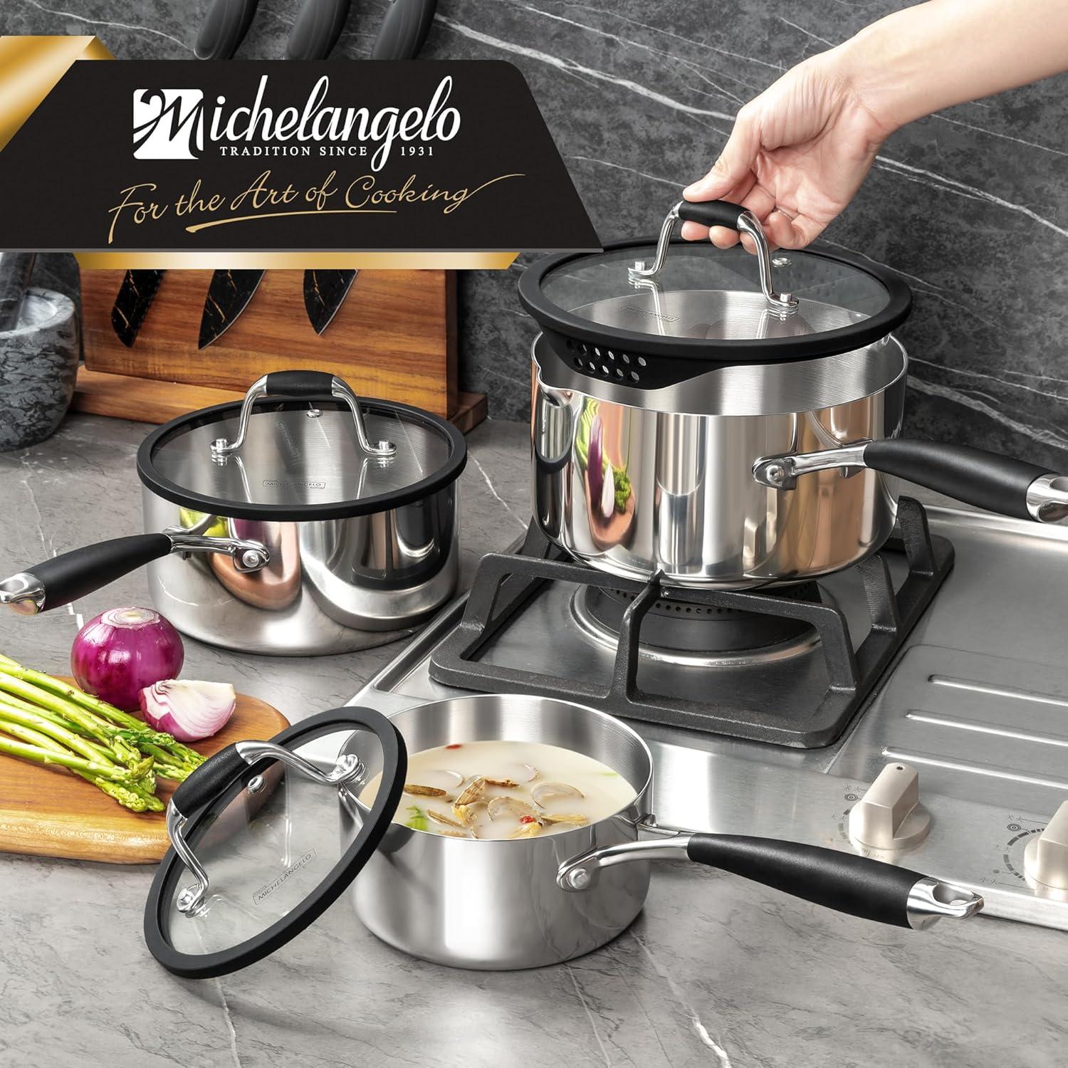 image:imageMICHELANGELO Triply Stainless Steel Saucepan Set with Strainer Lid Heavyduty Sauce Pan with Lid Multipurpose Sauce Pot Induction Compatible 1QT amp 2QT amp 3QT