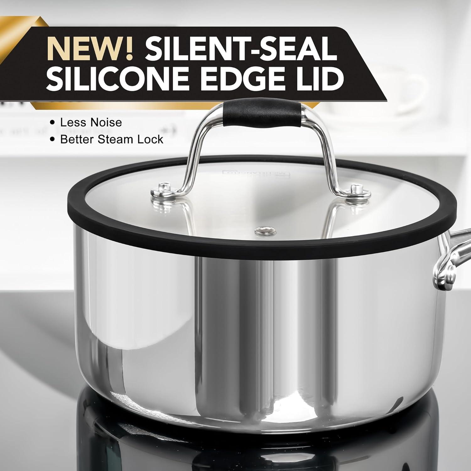 image:imageMICHELANGELO Triply Stainless Steel Saucepan Set with Strainer Lid Heavyduty Sauce Pan with Lid Multipurpose Sauce Pot Induction Compatible 1QT amp 2QT amp 3QT