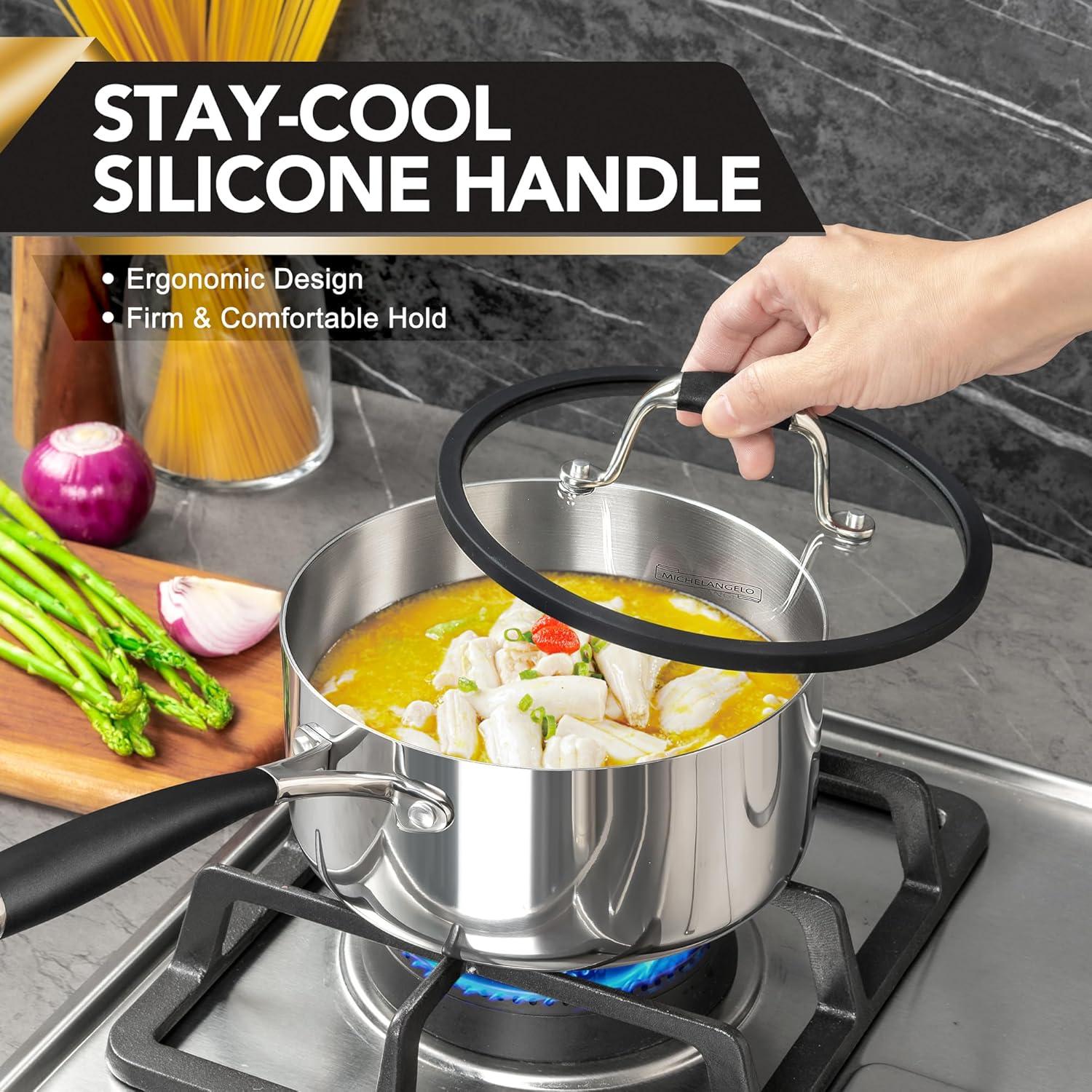 image:imageMICHELANGELO Triply Stainless Steel Saucepan Set with Strainer Lid Heavyduty Sauce Pan with Lid Multipurpose Sauce Pot Induction Compatible 1QT amp 2QT amp 3QT