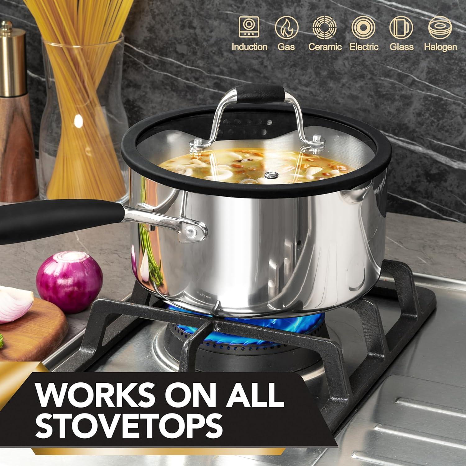 image:imageMICHELANGELO Triply Stainless Steel Saucepan Set with Strainer Lid Heavyduty Sauce Pan with Lid Multipurpose Sauce Pot Induction Compatible 1QT amp 2QT amp 3QT