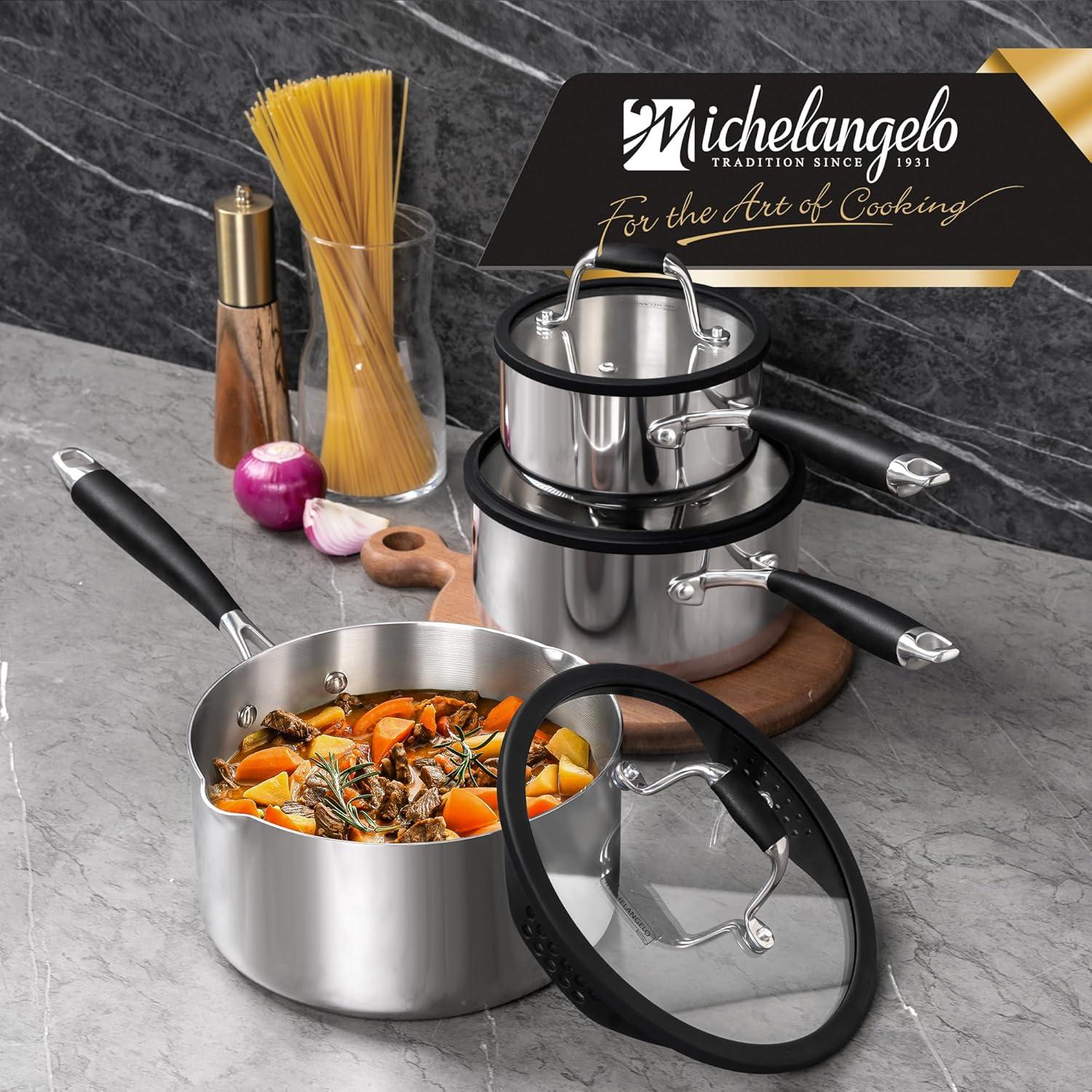 image:imageMICHELANGELO Triply Stainless Steel Saucepan Set with Strainer Lid Heavyduty Sauce Pan with Lid Multipurpose Sauce Pot Induction Compatible 1QT amp 2QT amp 3QT