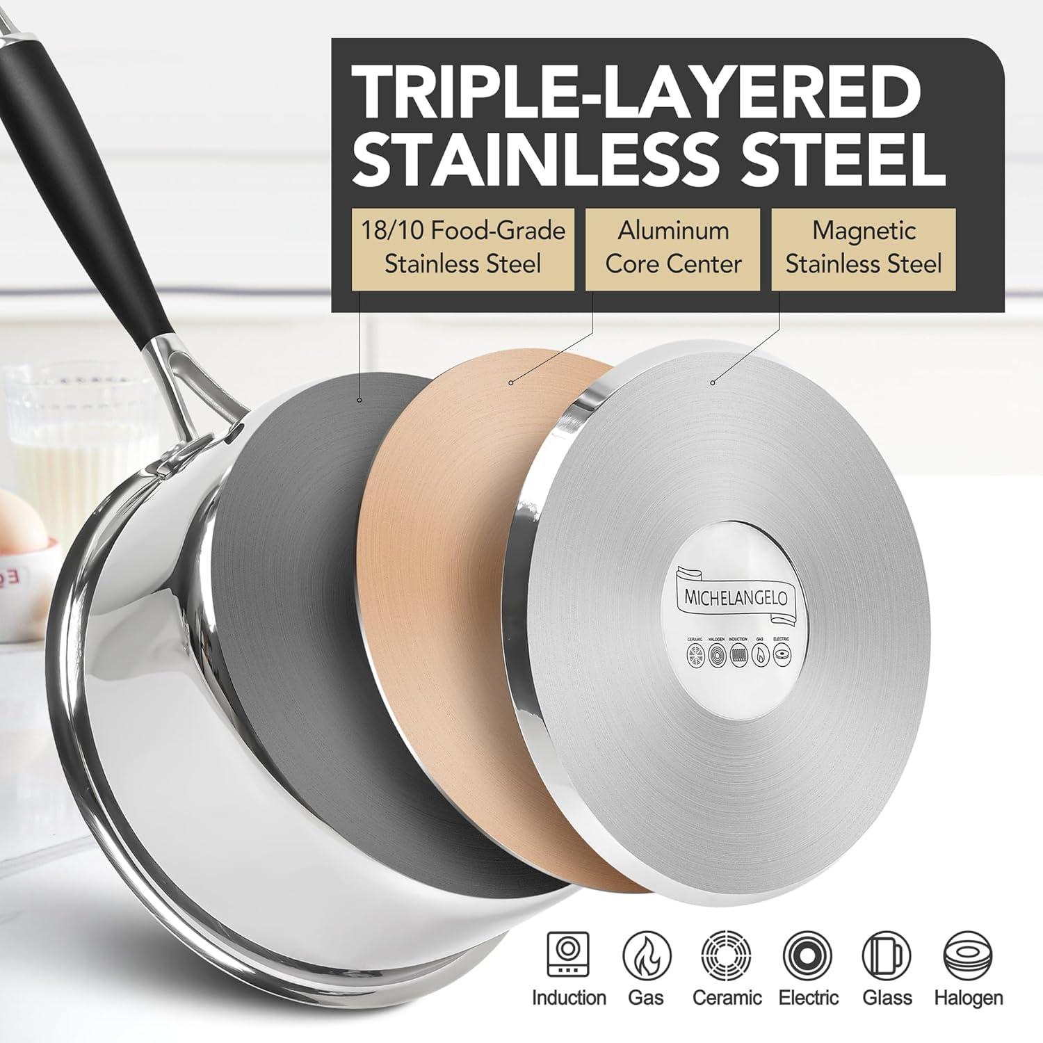 image:imageMICHELANGELO Triply Stainless Steel Saucepan with Lid 6 Pcs Stainless Steel Sauce Pan with Bakelite Handle Multipurpose Saucepans Set for Kitchen Cooking Induction Compatible 1QT amp 2QT amp 3QT