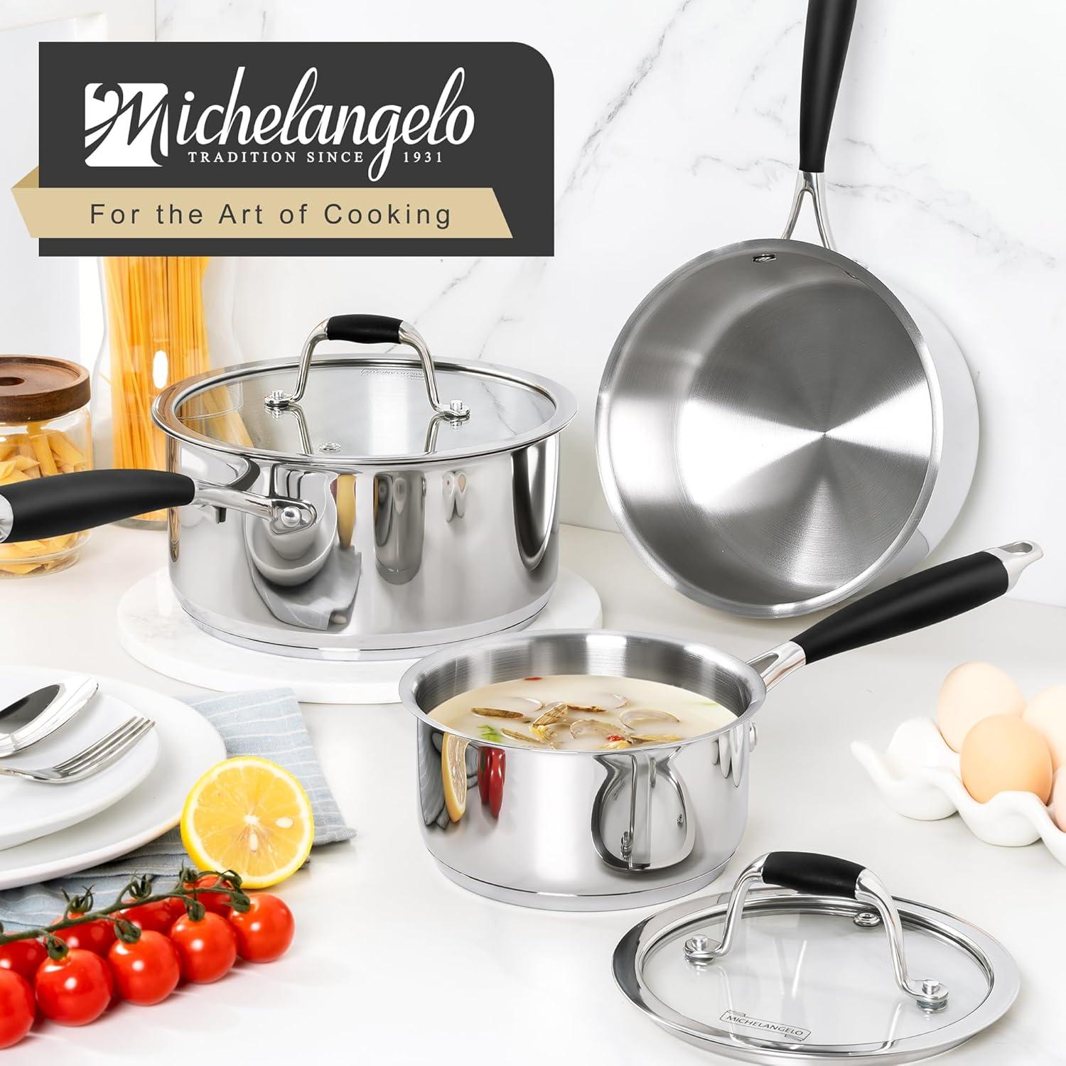 image:imageMICHELANGELO Triply Stainless Steel Saucepan with Lid 6 Pcs Stainless Steel Sauce Pan with Bakelite Handle Multipurpose Saucepans Set for Kitchen Cooking Induction Compatible 1QT amp 2QT amp 3QT