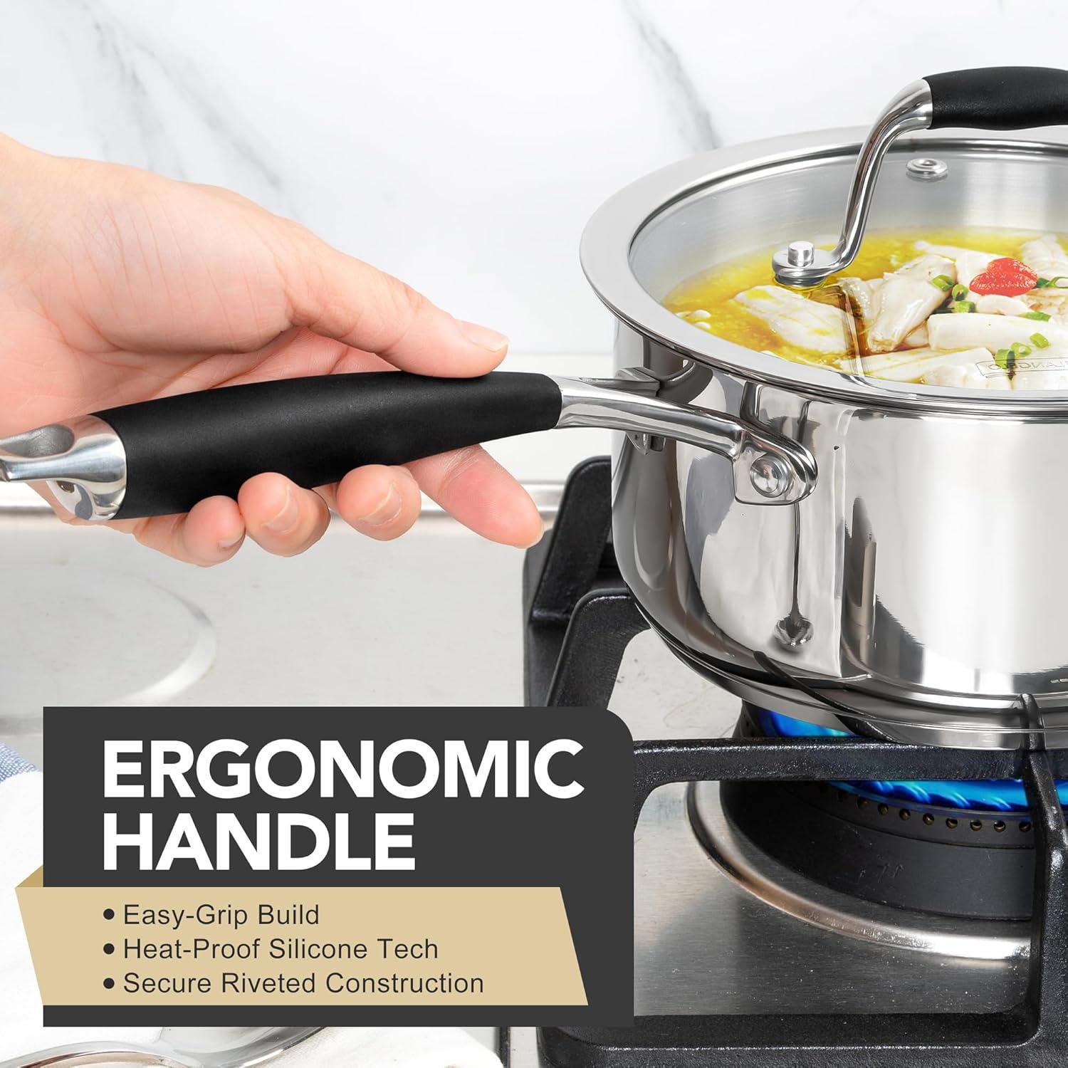 image:imageMICHELANGELO Triply Stainless Steel Saucepan with Lid 6 Pcs Stainless Steel Sauce Pan with Bakelite Handle Multipurpose Saucepans Set for Kitchen Cooking Induction Compatible 1QT amp 2QT amp 3QT
