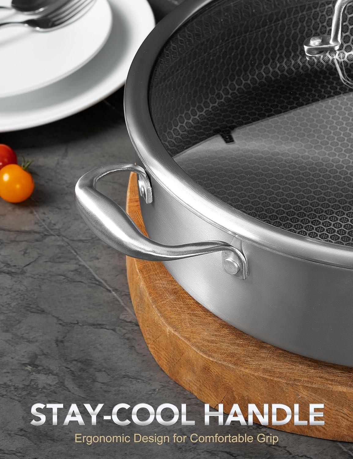 image:imageMICHELANGELO Triply Stainless Steel Saute Pan 6 Quart Deep Frying Pan with Lid 1810 Large Saute Pan with Nonstick Honeycomb Interior Induction Compatible amp Oven Safe 125 Inch6QT with Double Handles