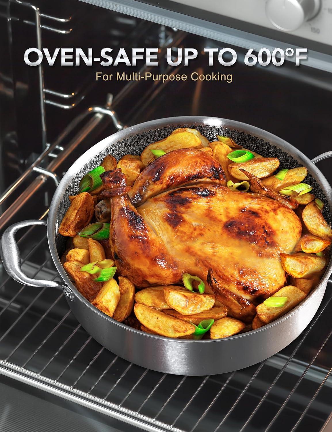 image:imageMICHELANGELO Triply Stainless Steel Saute Pan 6 Quart Deep Frying Pan with Lid 1810 Large Saute Pan with Nonstick Honeycomb Interior Induction Compatible amp Oven Safe 125 Inch6QT with Double Handles