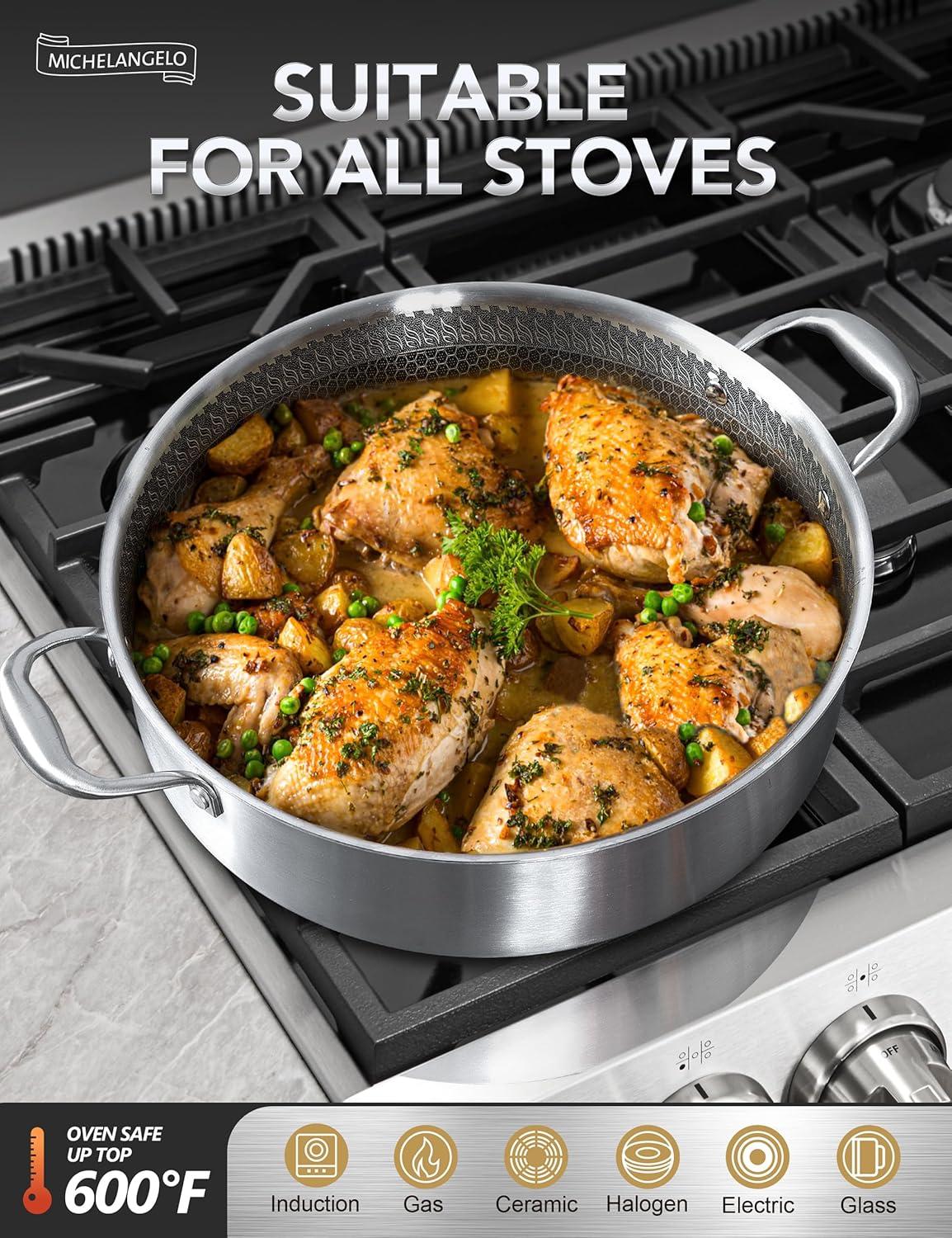 image:imageMICHELANGELO Triply Stainless Steel Saute Pan 6 Quart Deep Frying Pan with Lid 1810 Large Saute Pan with Nonstick Honeycomb Interior Induction Compatible amp Oven Safe 125 Inch6QT with Double Handles