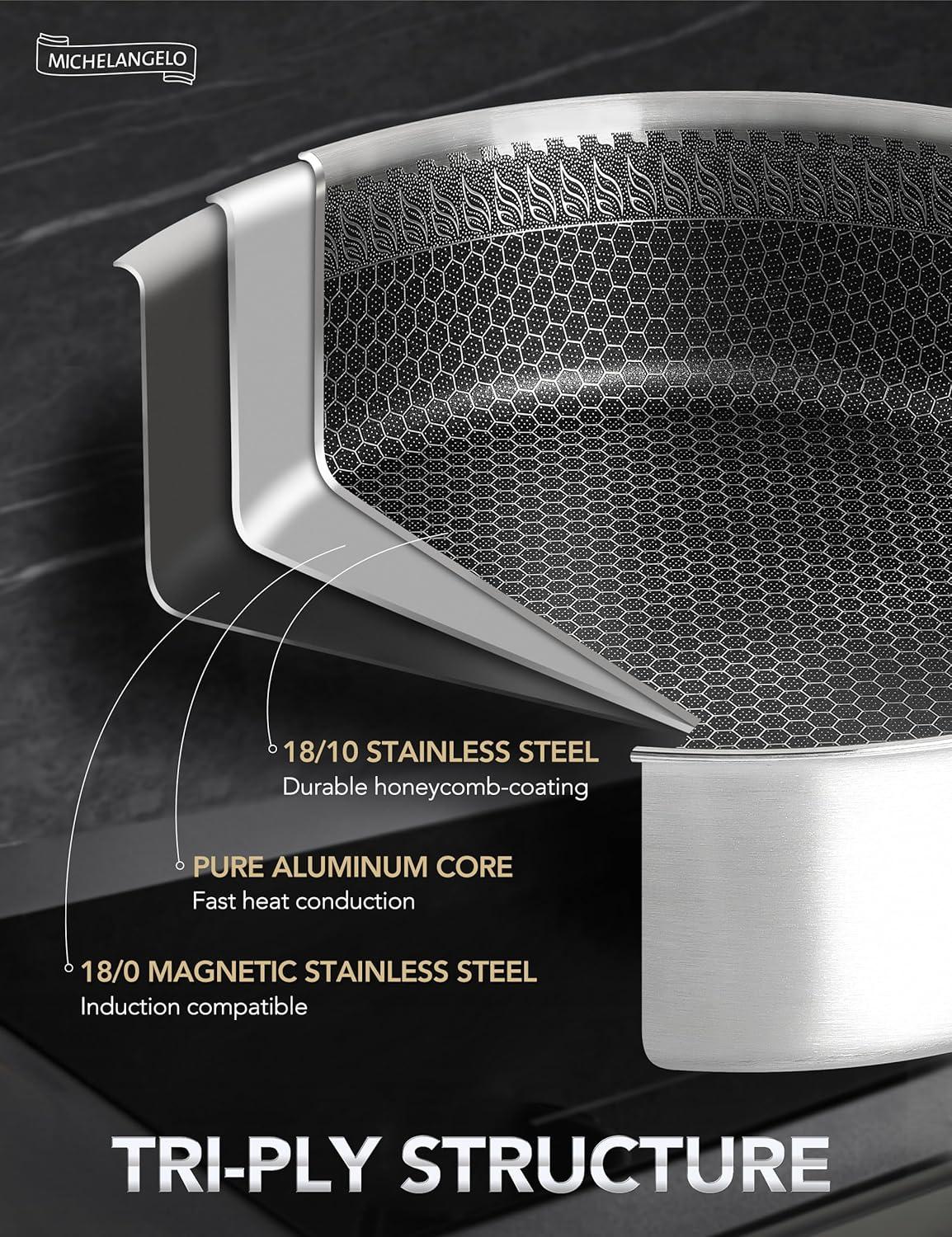 image:imageMICHELANGELO Triply Stainless Steel Saute Pan 6 Quart Deep Frying Pan with Lid 1810 Large Saute Pan with Nonstick Honeycomb Interior Induction Compatible amp Oven Safe 125 Inch6QT with Double Handles