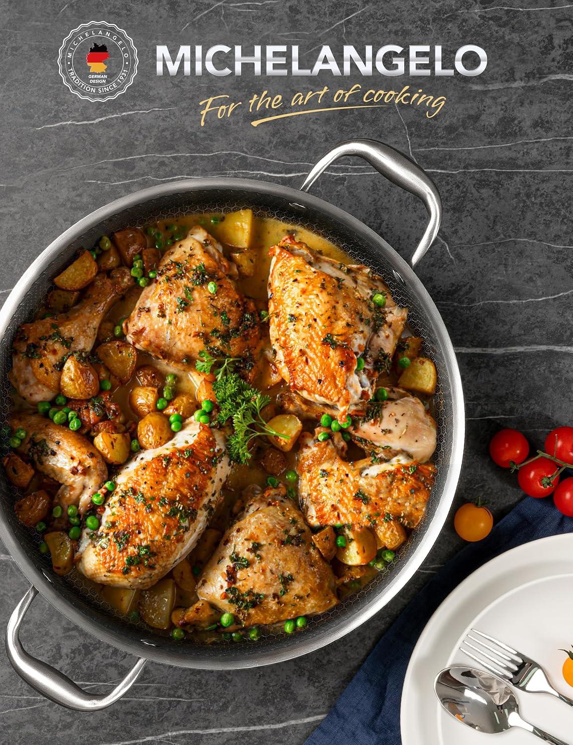 image:imageMICHELANGELO Triply Stainless Steel Saute Pan 6 Quart Deep Frying Pan with Lid 1810 Large Saute Pan with Nonstick Honeycomb Interior Induction Compatible amp Oven Safe 125 Inch6QT with Double Handles