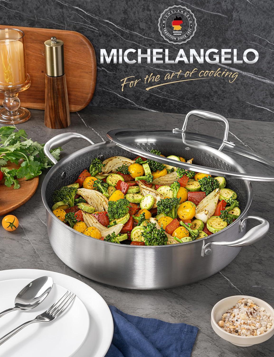image:imageMICHELANGELO Triply Stainless Steel Saute Pan 6 Quart Deep Frying Pan with Lid 1810 Large Saute Pan with Nonstick Honeycomb Interior Induction Compatible amp Oven Safe 125 Inch6QT with Double Handles