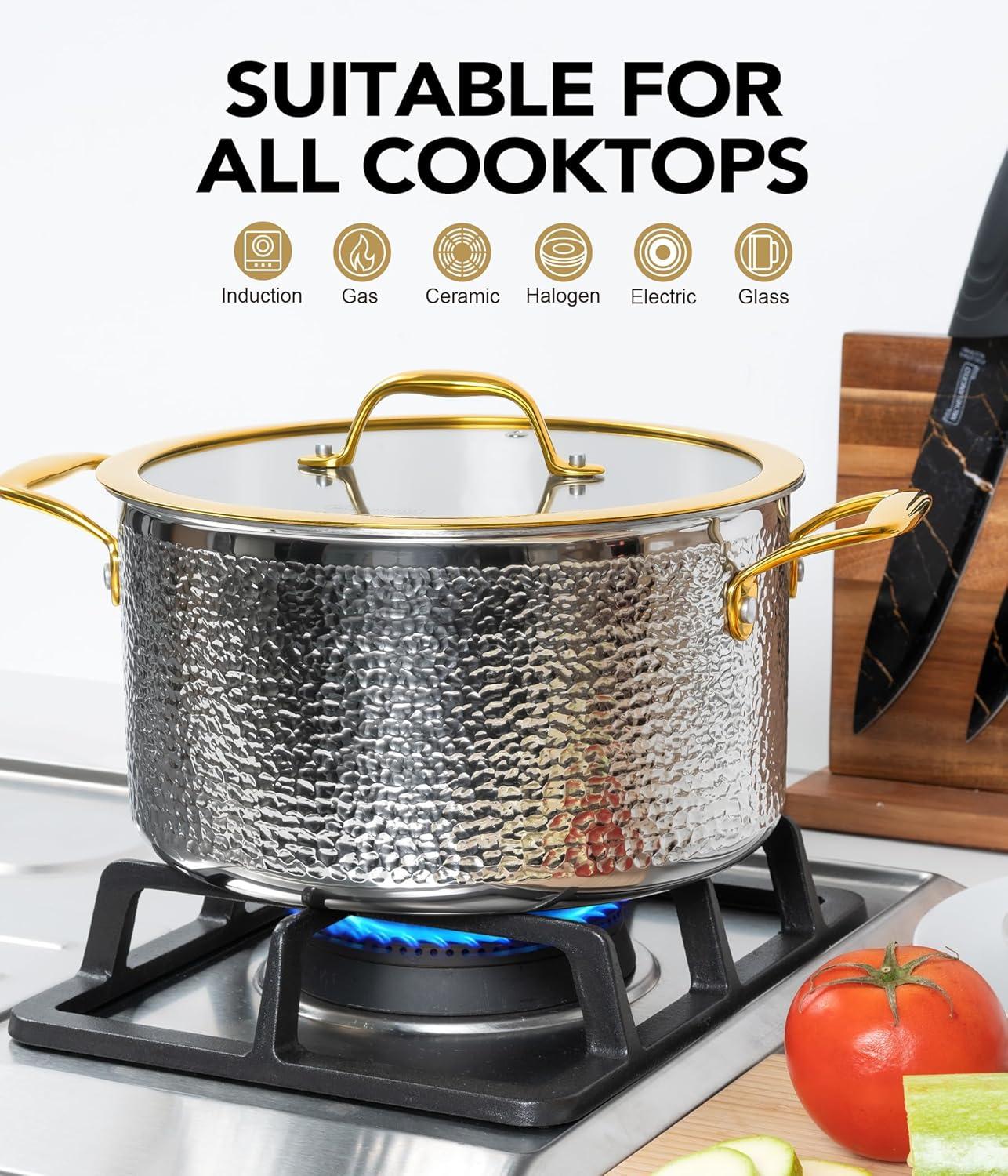 image:imageMichelangelo Triply Stainless Steel Pots and Pans Set 10Piece Hammered Stainless Steel Cookware Set with Golden Handle Premium Induction Kitchen Cookware Oven Safe10