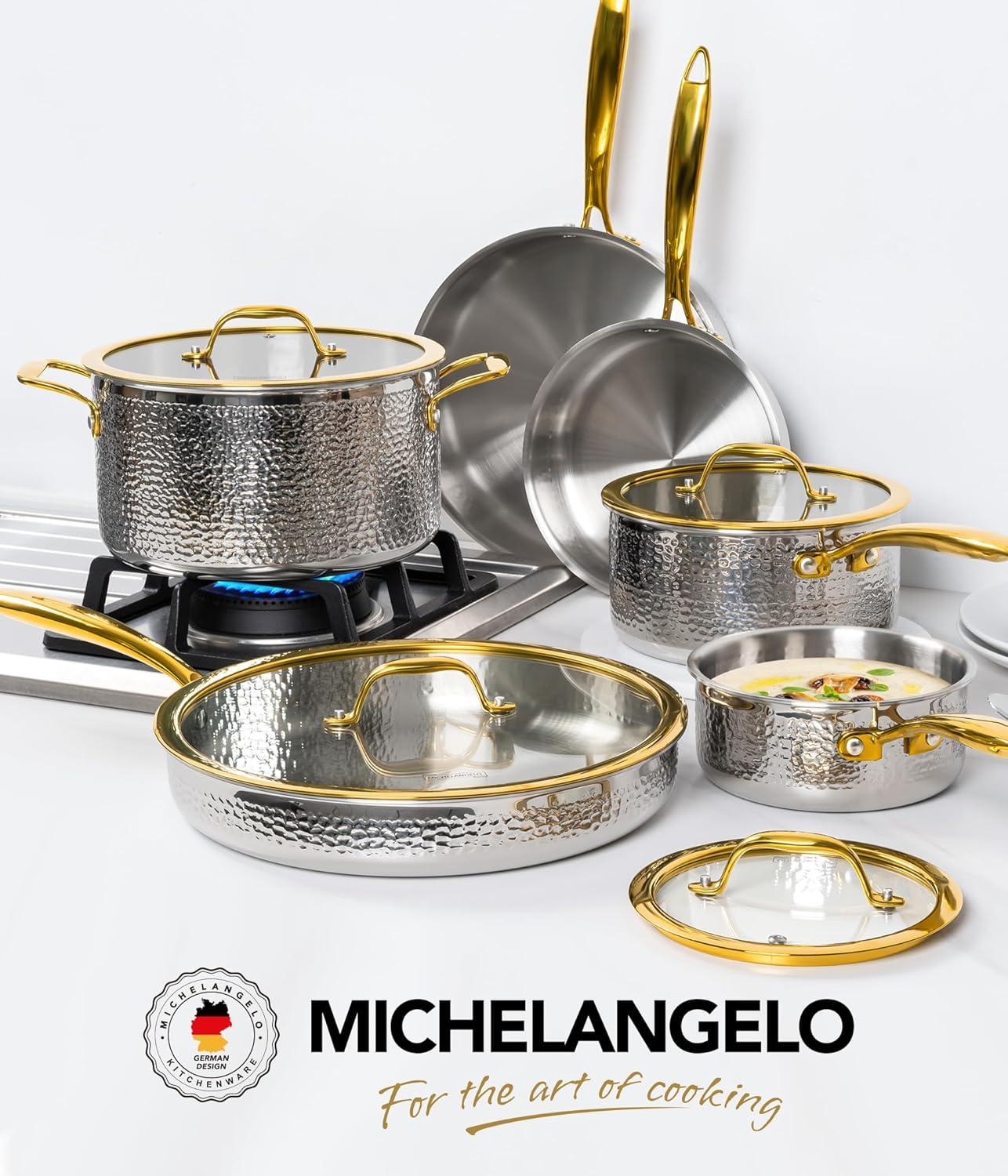 image:imageMichelangelo Triply Stainless Steel Pots and Pans Set 10Piece Hammered Stainless Steel Cookware Set with Golden Handle Premium Induction Kitchen Cookware Oven Safe10