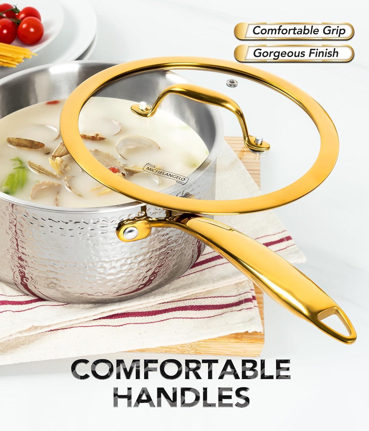 image:imageMichelangelo Triply Stainless Steel Saucepan Set Luxury Hammered Stainless Steel Sauce Pans with Golden Handle Premium Sauce Pot Set Induction Compatible