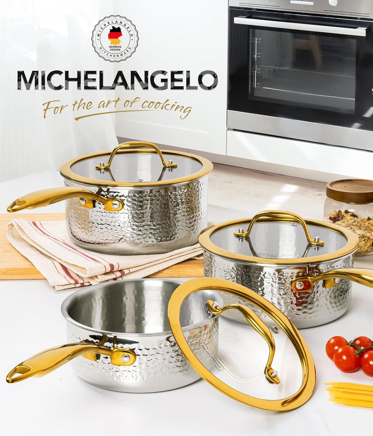 image:imageMichelangelo Triply Stainless Steel Saucepan Set Luxury Hammered Stainless Steel Sauce Pans with Golden Handle Premium Sauce Pot Set Induction Compatible