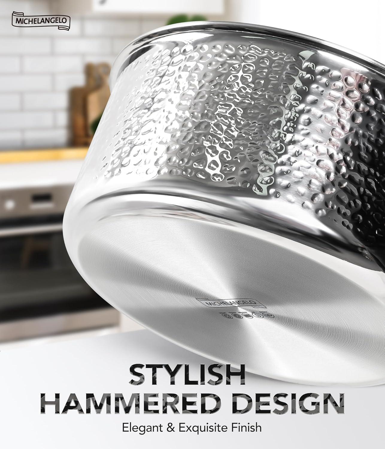 image:imageMichelangelo Triply Stainless Steel Saucepan Set Luxury Hammered Stainless Steel Sauce Pans with Golden Handle Premium Sauce Pot Set Induction Compatible