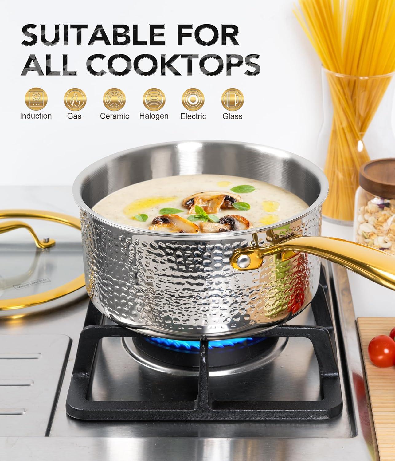 image:imageMichelangelo Triply Stainless Steel Saucepan Set Luxury Hammered Stainless Steel Sauce Pans with Golden Handle Premium Sauce Pot Set Induction Compatible