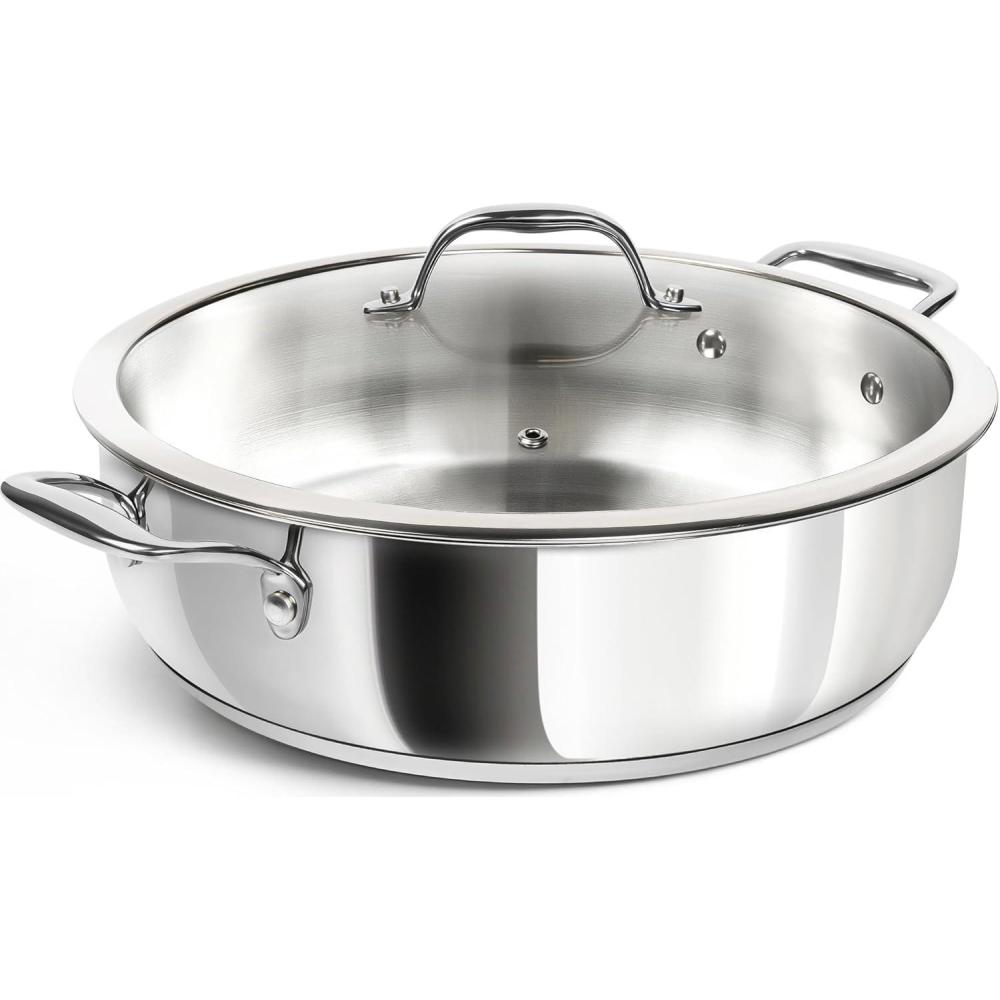 image:imageMICHELANGELO 12 Inch Stainless Steel Pan with Lid  Large Saute Pan with Lid Deep Frying Pan Dishwasher amp OvenSafe All Cooktops Compatible 6 QuartSilver Handle