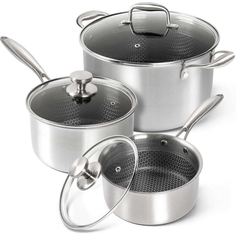 image:imageMICHELANGELO 6 Pcs Triply Stainless Steel Pot Set 2QT amp 3QT amp 8QT Pot with Lids Nonstick HoneyComb Interior Cooking Pot Set Compatible with All Cooktops Oven amp Dishwasher Safe238QT