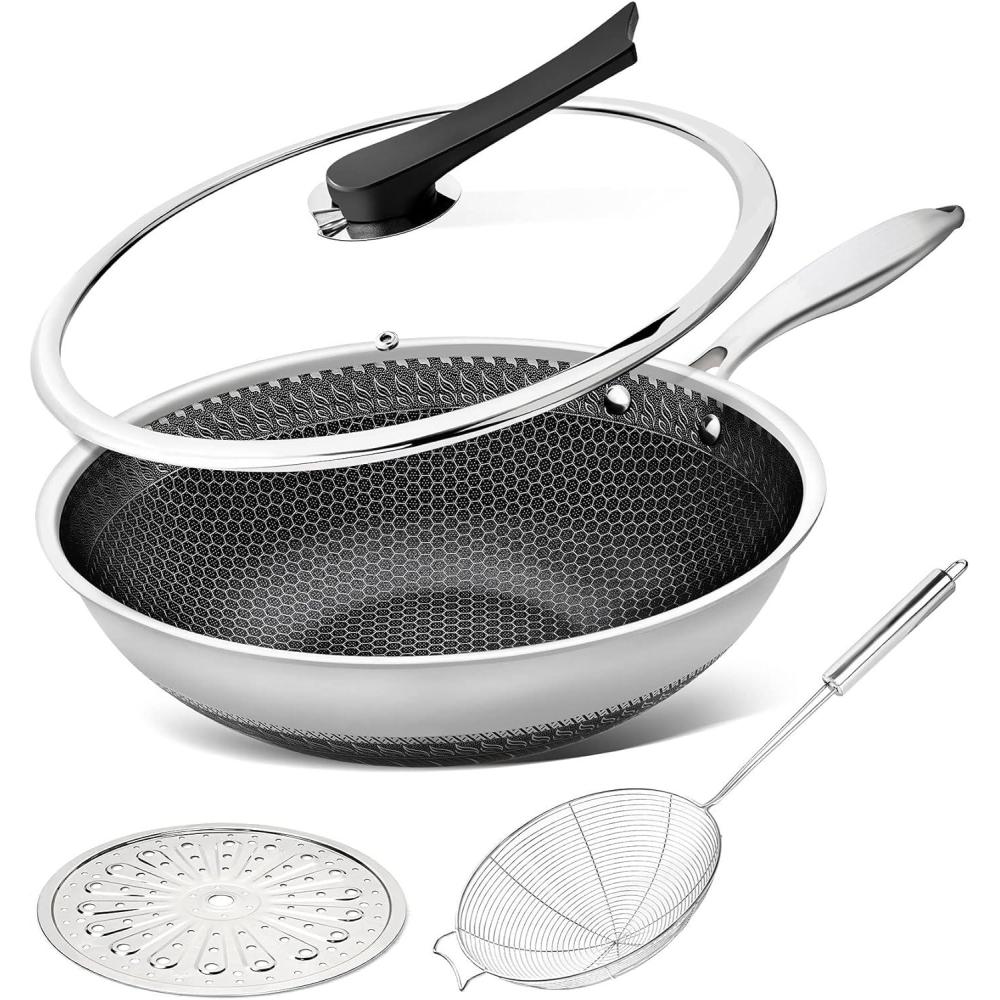 image:imageMICHELANGELO Honeycomb Wok Pan with Lid 125 Inch Stainless Steel Woks amp Stirfry Pans with Stay Cool Handle Flat Bottom Wok with Vertical Lid Induction Wok Dishwasher Oven Safe12 Inch Set