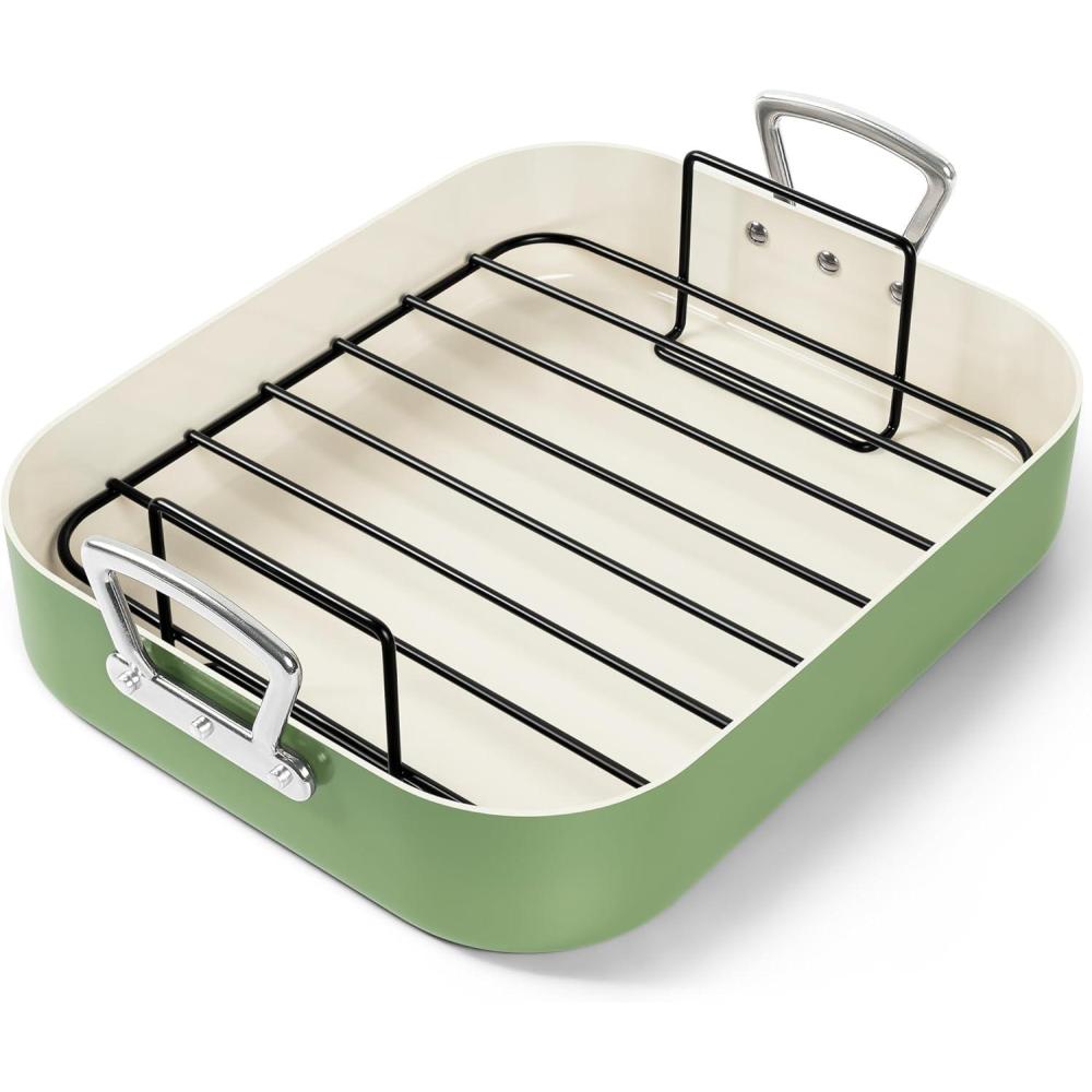 image:imageMICHELANGELO Nonstick Ceramic Roasting Pan with Rack Turkey Roasting Pan with Ceramic Coating Turkey Roaster Pan with Stainless Steel Rack 15 Inch x 13 Inch  GreenGreen