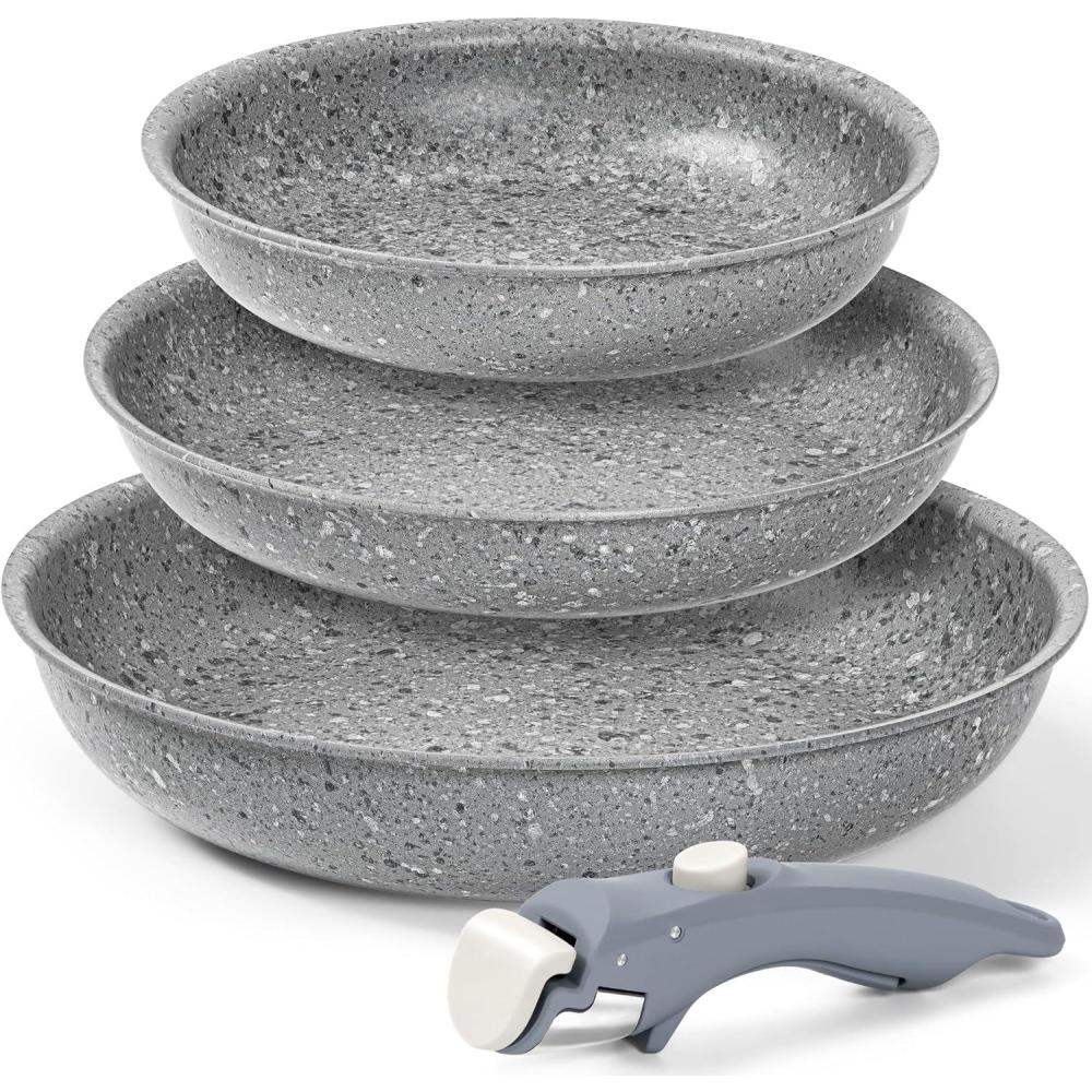 image:imageMICHELANGELO Nonstick Frying Pan Set Non Toxic Frying Pans with Removable Handle Granite Coating Non Stick Skillet Set of 3 Induction Compatible  8 95 and 11 BlackGray