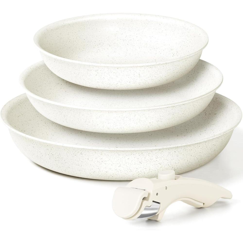 image:imageMICHELANGELO Nonstick Frying Pan Set Non Toxic Frying Pans with Removable Handle Granite Coating Non Stick Skillet Set of 3 Induction Compatible 8 95 and 11 BlackWhite