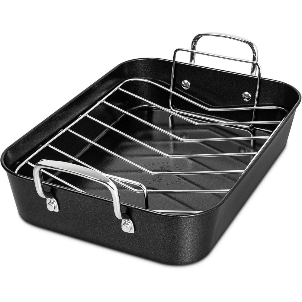 image:imageMICHELANGELO Roasting Pan with Rack Carbon Steel Turkey Roasting Pan for Oven and Induction Nonstick Turkey Roaster Pan with Stainless Steel Golden Rack amp Golden Handle 15 Inch x 11 InchSilver