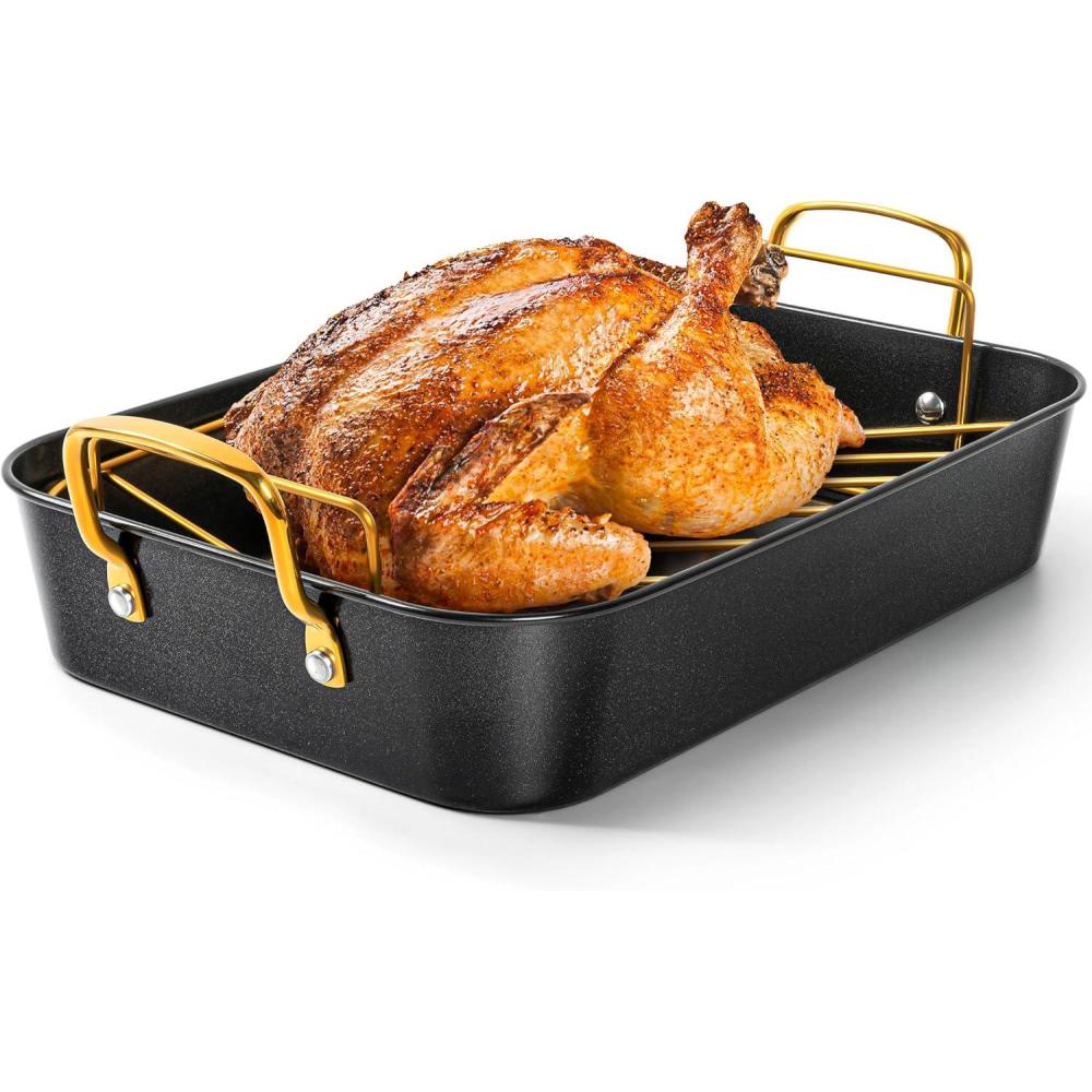 image:imageMICHELANGELO Roasting Pan with Rack Carbon Steel Turkey Roasting Pan for Oven and Induction Nonstick Turkey Roaster Pan with Stainless Steel Golden Rack amp Golden Handle 15 Inch x 11 InchBlack