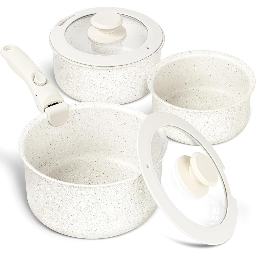 image:imageMICHELANGELO Sauce Pan Set Nonstick 1Qt amp 2 Qt amp 3Qt Pots with Removable Handles Non Toxic Saucepan Set with Detachable Handle Stackable Pot Set for RV Camping Oven Safe 6 PieceWhite