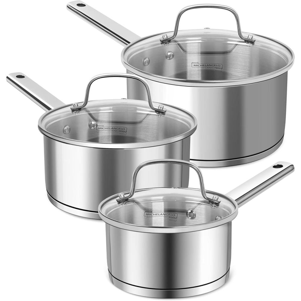 image:imageMICHELANGELO Saucepan Set 3 Sizes Stainless Steel Sauce Pan with Lid TriPly Bottom Sauce Pot Set Nonstick Saucepan Induction Compatible 1QT amp 2QT amp3QT123qt