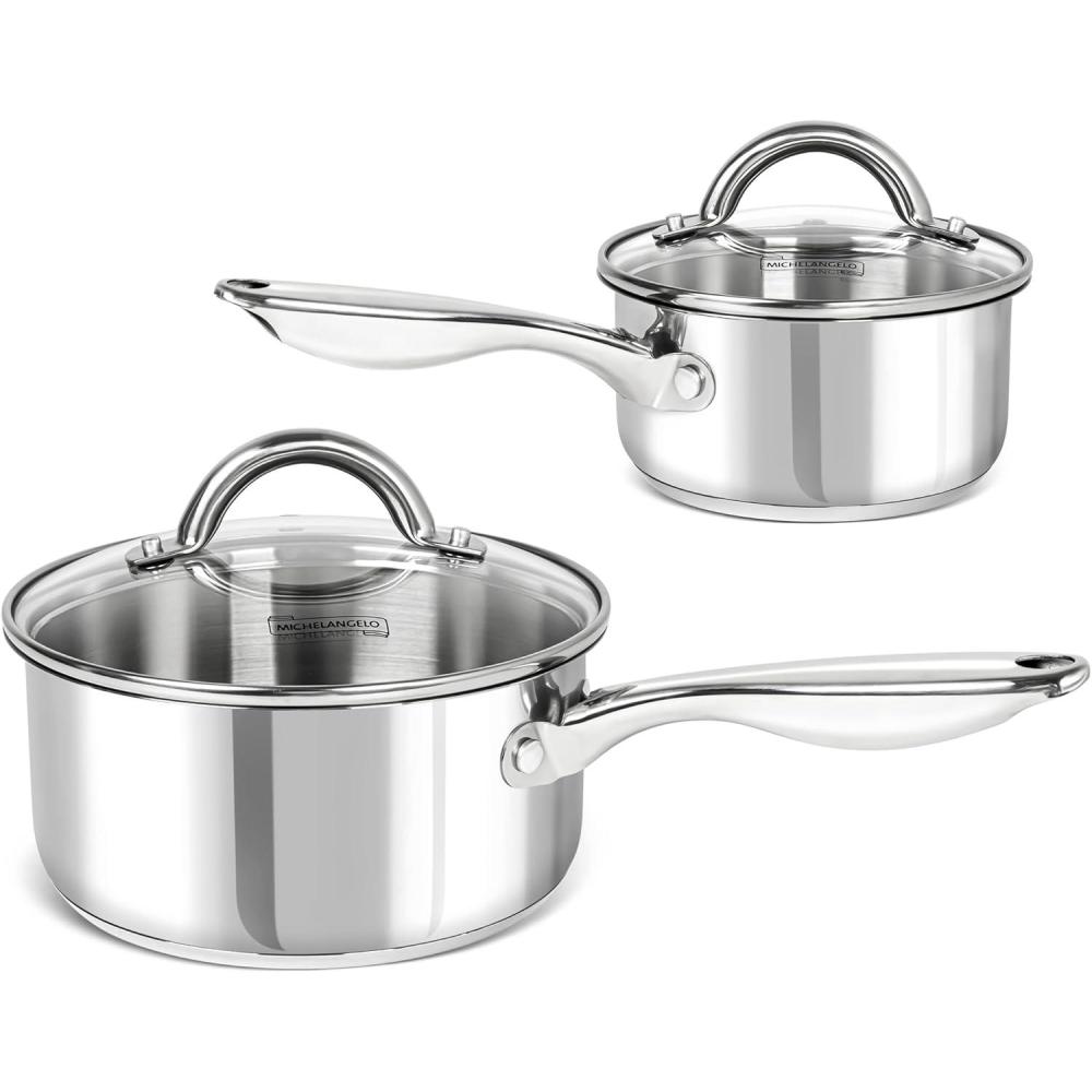 image:imageMICHELANGELO Saucepan Set 6pc 1810 Stainless Steel Sauce Pan with Lid TriPly Bottom Sauce Pot Set Nonstick Saucepan Induction Compatible 1QT amp 2QT amp3QTTriPly Bottom