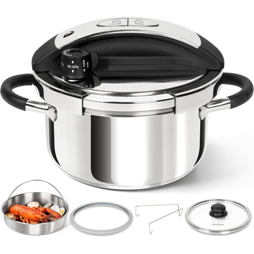 image:imageMICHELANGELO Small Pressure Cooker Stainless Steel 32 Quart Olla de Presion OneHand Locking System Induction Compatible with Glass Lid amp Steamer32 Quarts