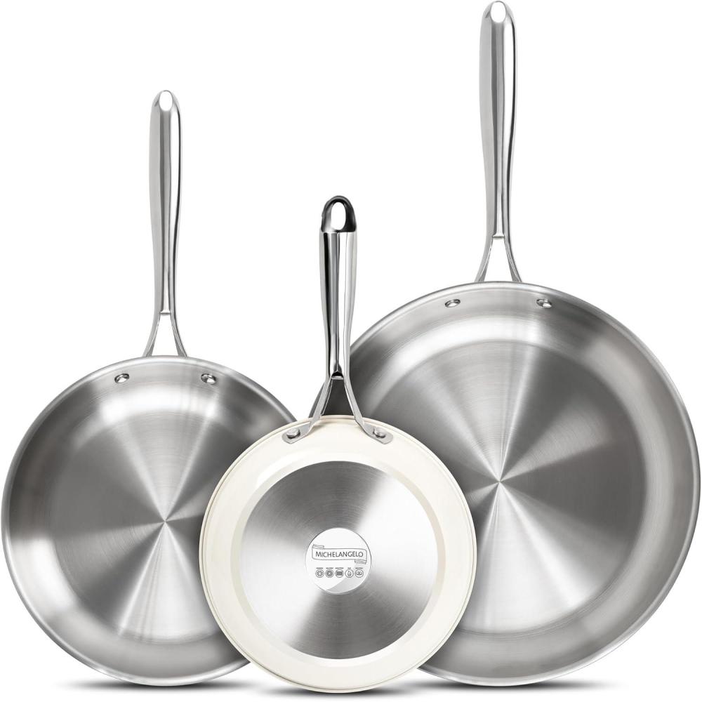 image:imageMICHELANGELO Stainless Steel 8 inch Frying Pan Small Skillet with Triply Base Stainless Steel Pan with Ergonomic Handle Induction CompatibleBeige
