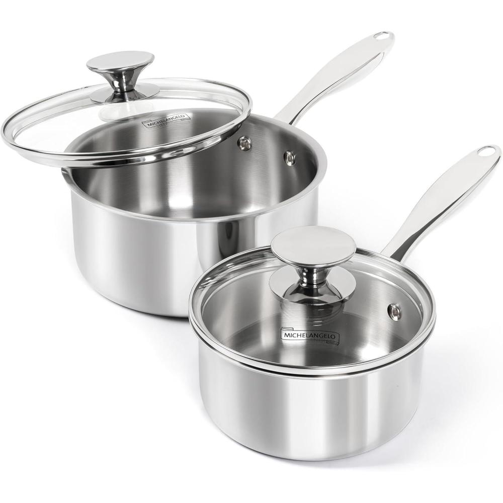 image:imageMICHELANGELO Stainless Steel Pot Set with Lids 1QT amp 2QT amp 3QT Stainless Steel Saucepan Set 6pcs 1810 Induction Saucepans Induction Compatible Dishwasher SafeFull TriPly