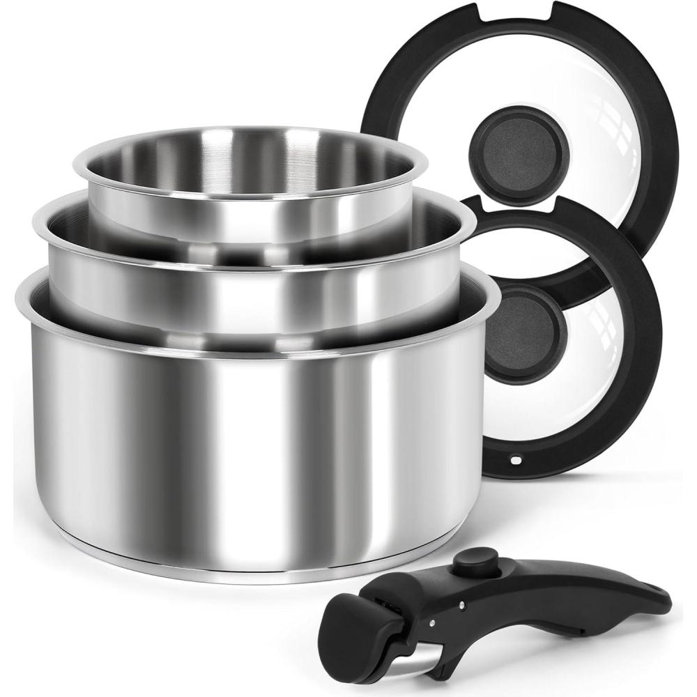 image:imageMICHELANGELO Stainless Steel Pot Set with Removable Handle 6Pcs Stainless Steel Saucepan Set with Lids amp Detachable Handle Triply Base Sauce Pan Induction Compatible  BlackBlack