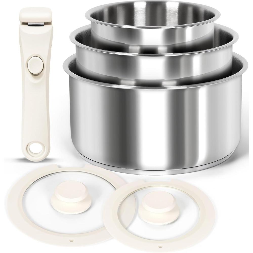 image:imageMICHELANGELO Stainless Steel Pot Set with Removable Handle 6Pcs Stainless Steel Saucepan Set with Lids amp Detachable Handle Triply Base Sauce Pan Induction Compatible BlackWhite