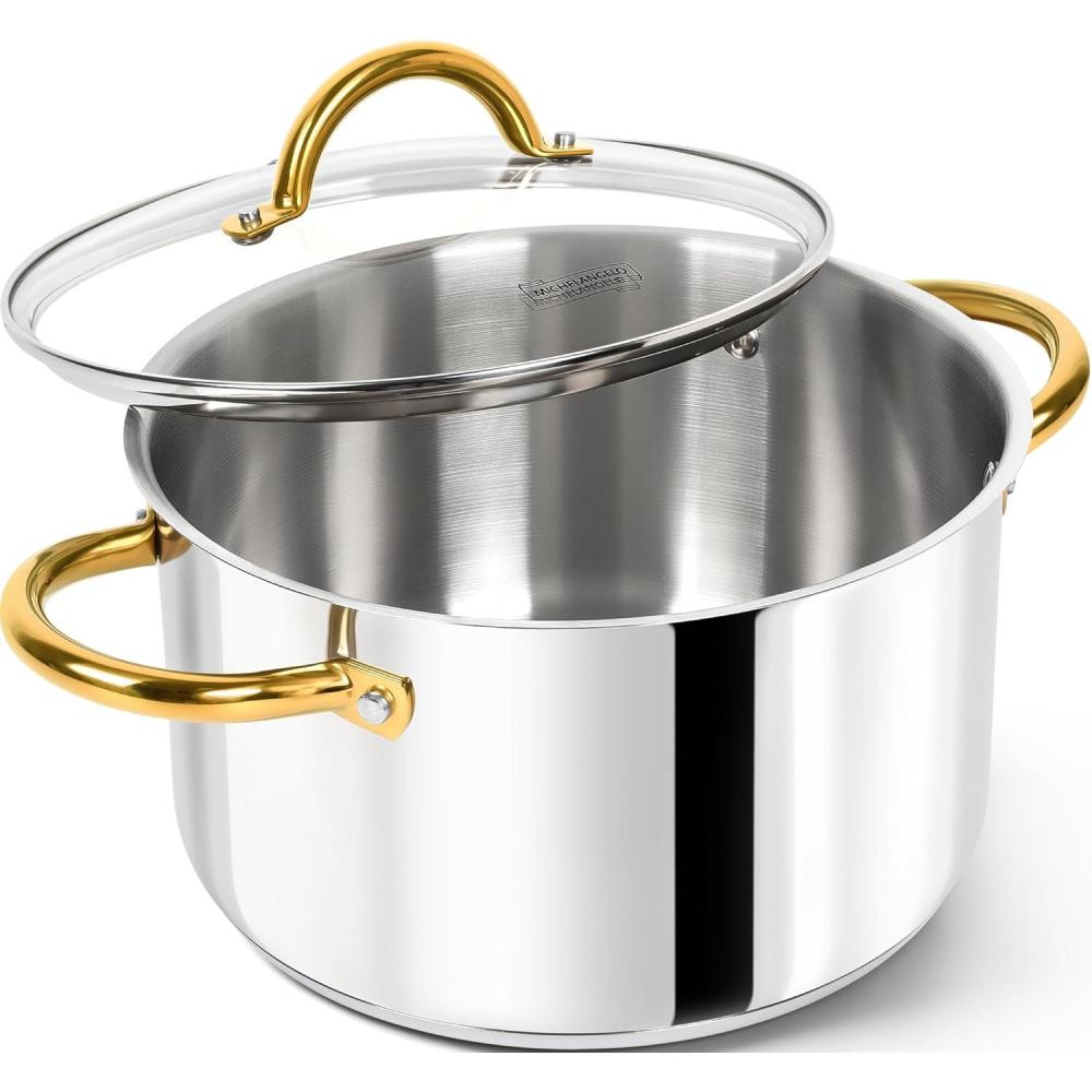 image:imageMICHELANGELO Stainless Steel Pots Large Soup Pot with Lid 10 Quart Stock Pot with Lid Cooking Pots Induction Compatible Oven amp Dishwasher Safe6 Quart