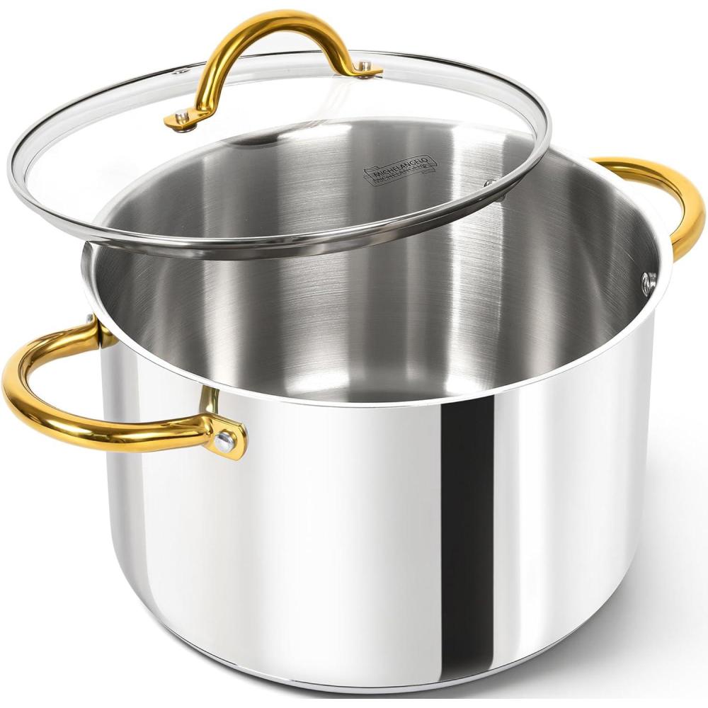 image:imageMICHELANGELO Stainless Steel Pots  Large Soup Pot with Lid 10 Quart Stock Pot with Lid Cooking Pots Induction Compatible Oven amp Dishwasher Safe8 Quart