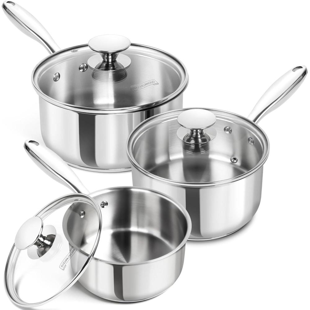 image:imageMICHELANGELO Stainless Steel Sauce Pan Set 1 2 3 Qt Saucepans with Lids Small Stainless Steel Pots for Cooking Induction Compatible Dishwasher amp Oven Safe123 Quart